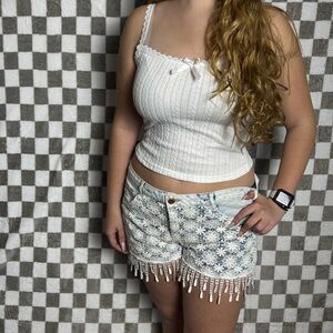 Y2k set jean shorts embroidered floral fringe, dainty white ribbed tank top